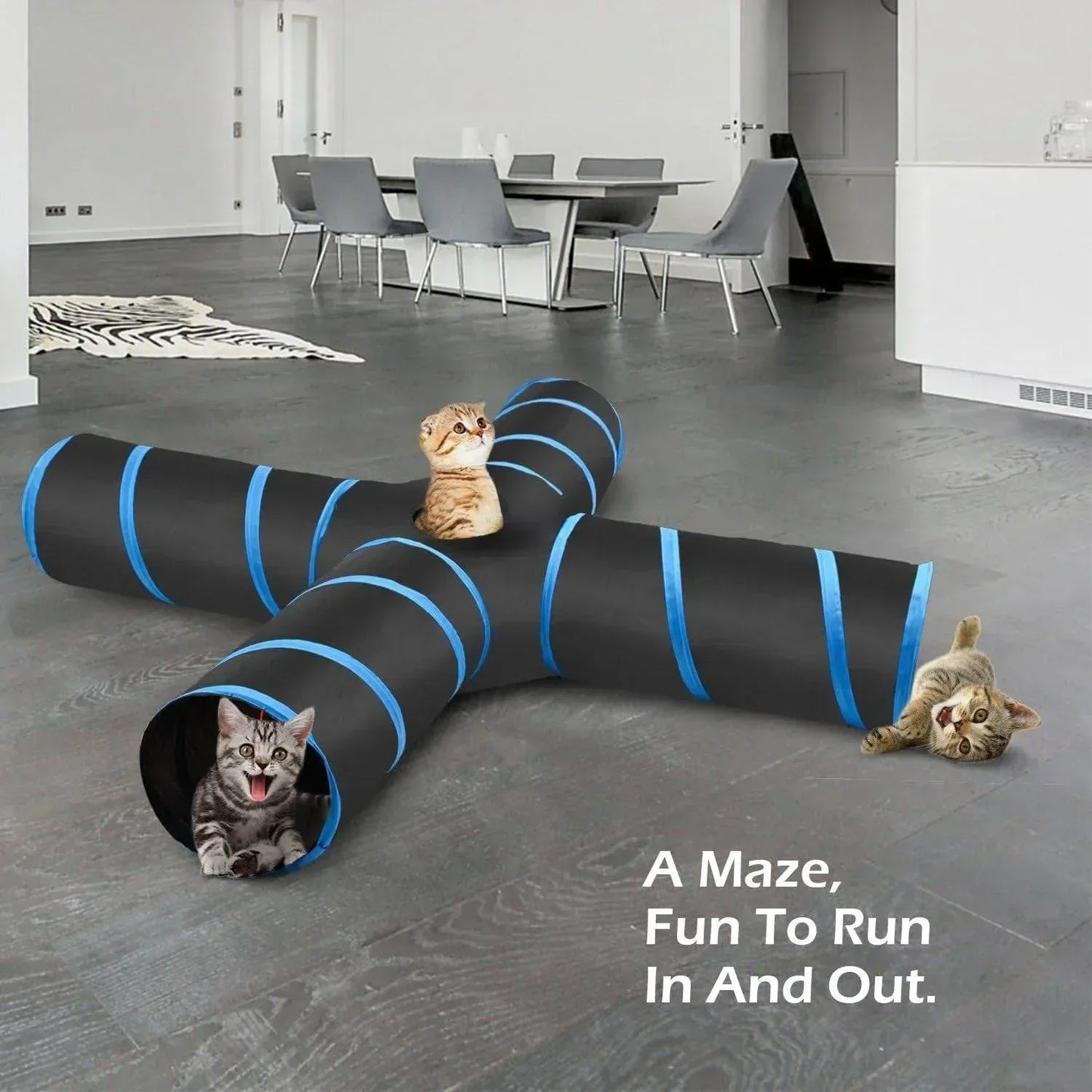 Cat Tunnel, Premium 4 Way Tunnels Extensible Collapsible Cat Play Tunnel Toy Maze Interactive Tube Toy Cat House with Pompon and Bells for Cat Puppy Kitten Rabbit, Black & Light Blue