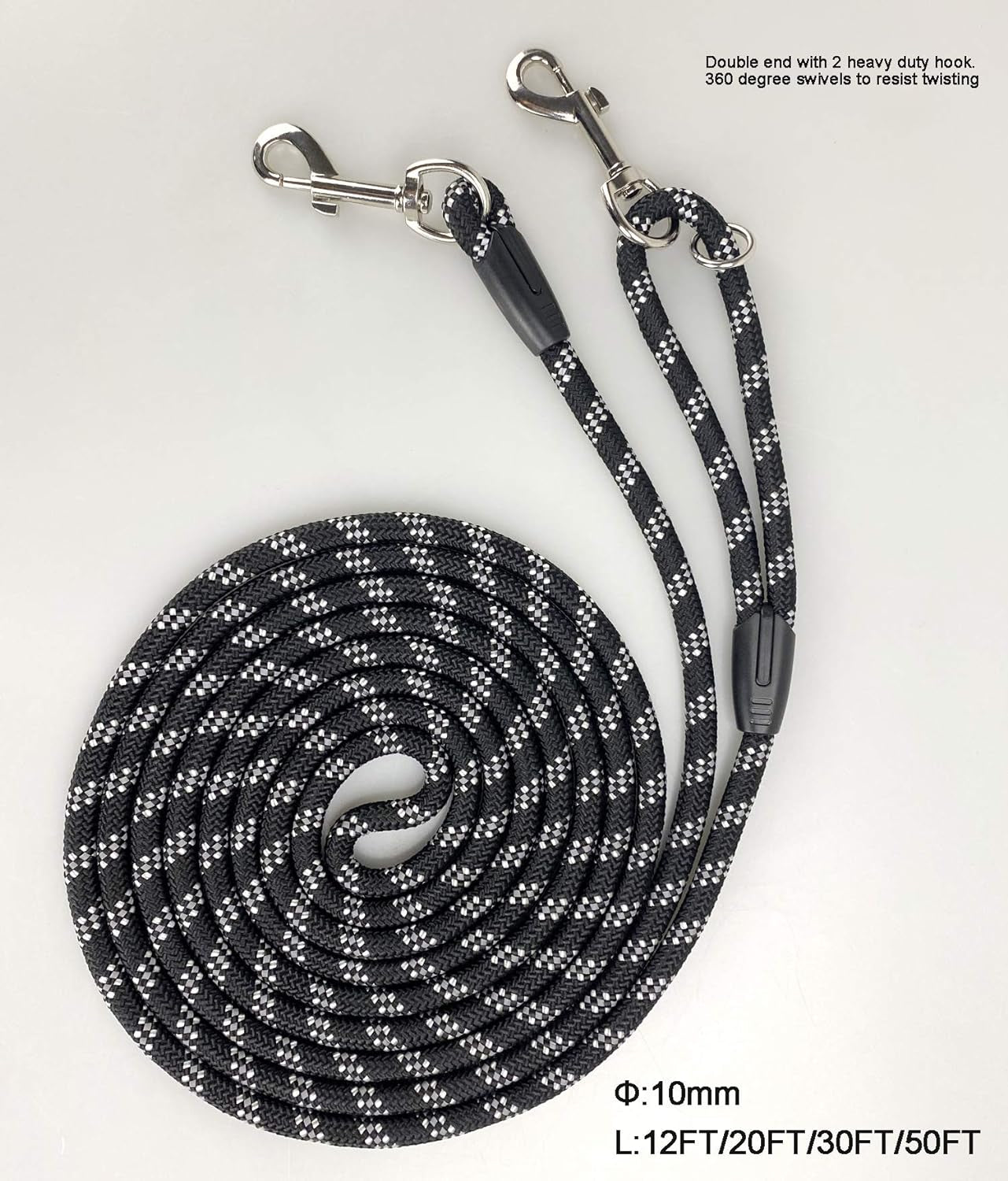 Long Rope Dog Leash for Dog Training 12FT 20FT 30FT 50FT, Reflective Threads Dog Cat Leashes Tie-Out Check Cord Recall Training Agility Lead for Large Medium Small Dogs (Black, 10Mm*50Ft)