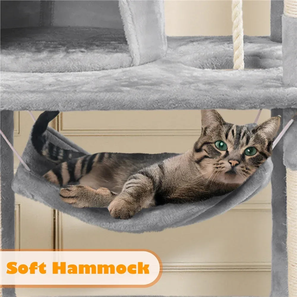 62''H Multi Level Cat Tree Tower with Condos Foam-Padded Perches, Light Gray