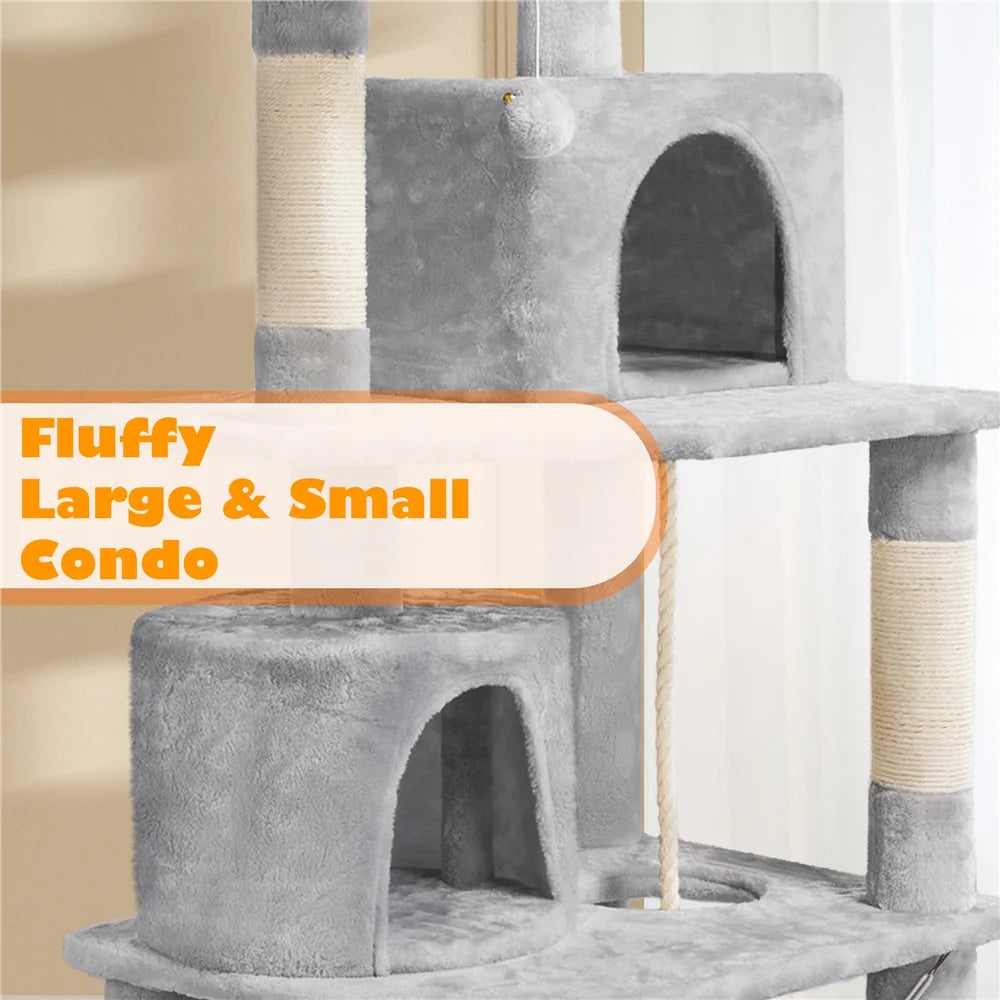 62''H Multi Level Cat Tree Tower with Condos Foam-Padded Perches, Light Gray
