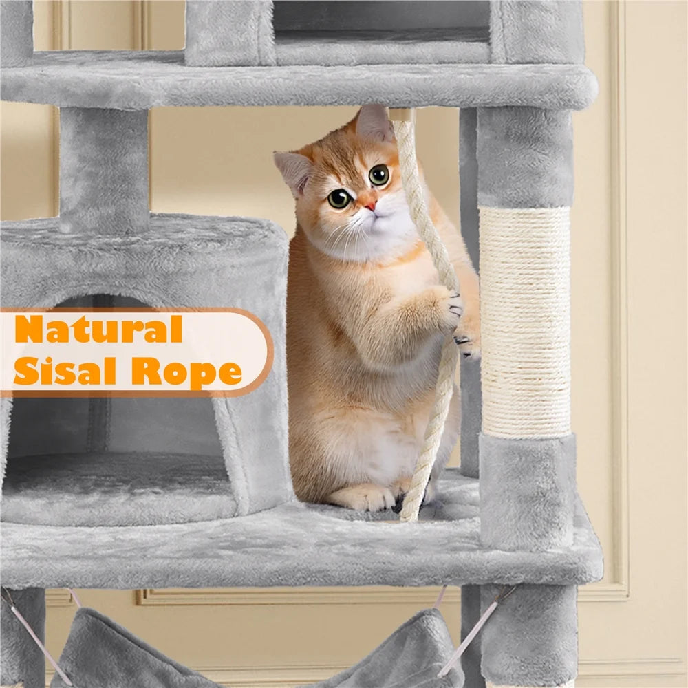 62''H Multi Level Cat Tree Tower with Condos Foam-Padded Perches, Light Gray