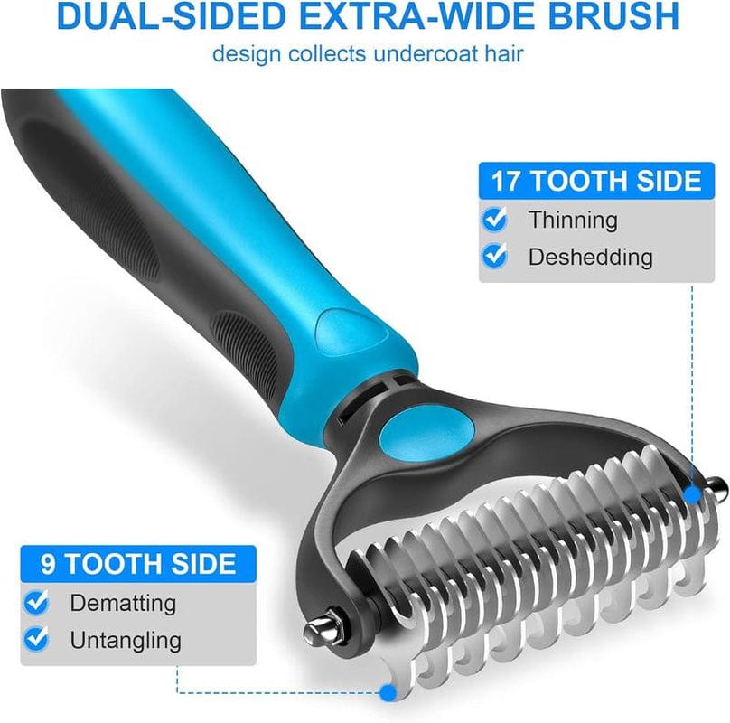 Pet Grooming Brush Double Sided Undercoat Rake for Dogs Cats with 9 Tooth & 17 Tooth Sides for Shedding Dematting & Tangle Removal Blue Plastic Handle - Deshedding Tool