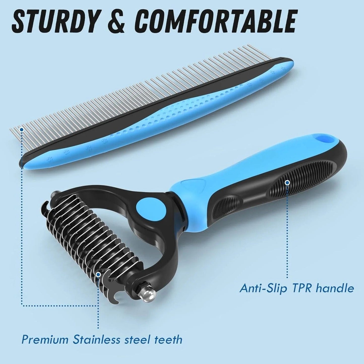 Pet Grooming Brush and Metal Comb Set, Cat and Dog Brush for Shedding, Dematting and Deshedding Brush - Dogs' Shedding Tool for Long and Matted Haired Pets, Blue