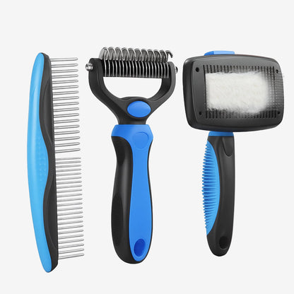 3-Piece Pet Grooming Set – Slicker Brush, Undercoat Rake & Stainless-Steel Comb for Dogs & Cats