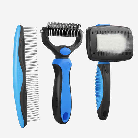 3-Piece Pet Grooming Set – Slicker Brush, Undercoat Rake & Stainless-Steel Comb for Dogs & Cats
