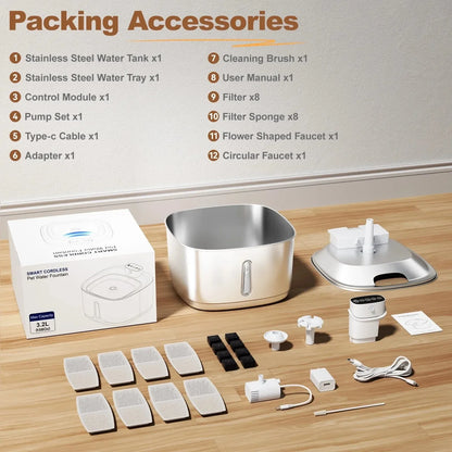 Wireless Cat Water Fountain Battery Operated, 108Oz/3.2L Automatic Pet Fountain for Dogs Cats Drinking Indoor, 8 Filters