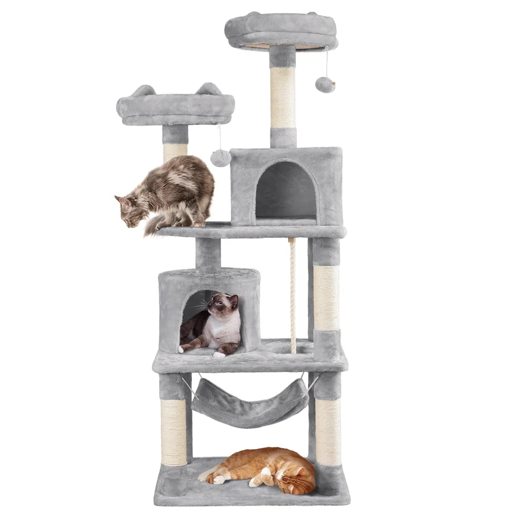 62''H Multi Level Cat Tree Tower with Condos Foam-Padded Perches, Light Gray