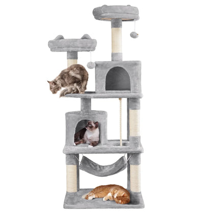 62''H Multi Level Cat Tree Tower with Condos Foam-Padded Perches, Light Gray
