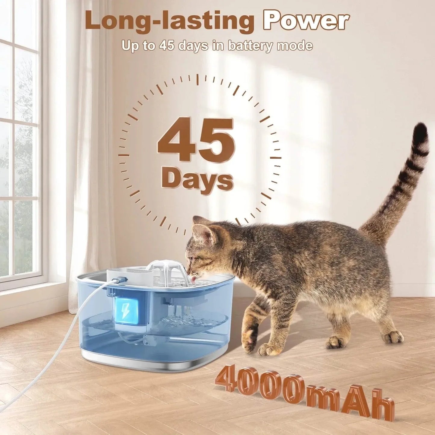 Wireless Cat Water Fountain Battery Operated, 108Oz/3.2L Automatic Pet Fountain for Dogs Cats Drinking Indoor, 8 Filters