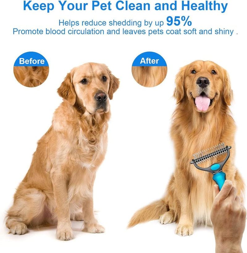 Pet Grooming Brush Double Sided Undercoat Rake for Dogs Cats with 9 Tooth & 17 Tooth Sides for Shedding Dematting & Tangle Removal Blue Plastic Handle - Deshedding Tool