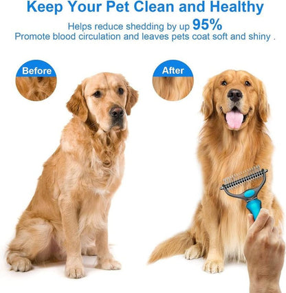 Pet Grooming Brush Double Sided Undercoat Rake for Dogs Cats with 9 Tooth & 17 Tooth Sides for Shedding Dematting & Tangle Removal Blue Plastic Handle - Deshedding Tool
