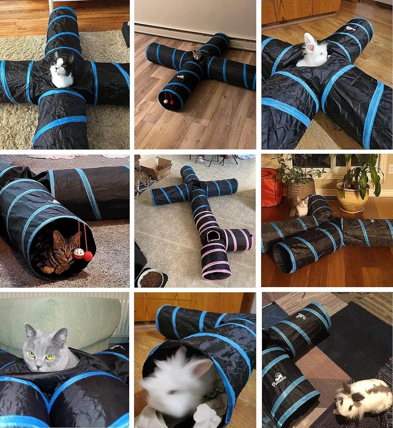 Cat Tunnel, Premium 4 Way Tunnels Extensible Collapsible Cat Play Tunnel Toy Maze Interactive Tube Toy Cat House with Pompon and Bells for Cat Puppy Kitten Rabbit, Black & Light Blue