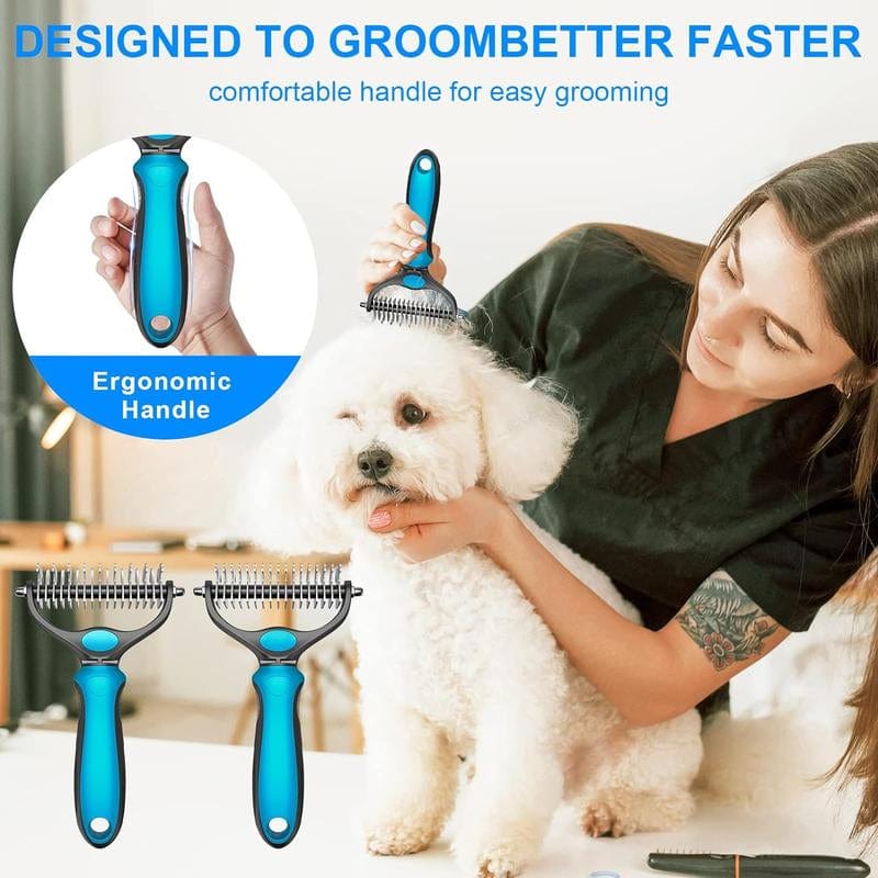 Pet Grooming Brush Double Sided Undercoat Rake for Dogs Cats with 9 Tooth & 17 Tooth Sides for Shedding Dematting & Tangle Removal Blue Plastic Handle - Deshedding Tool