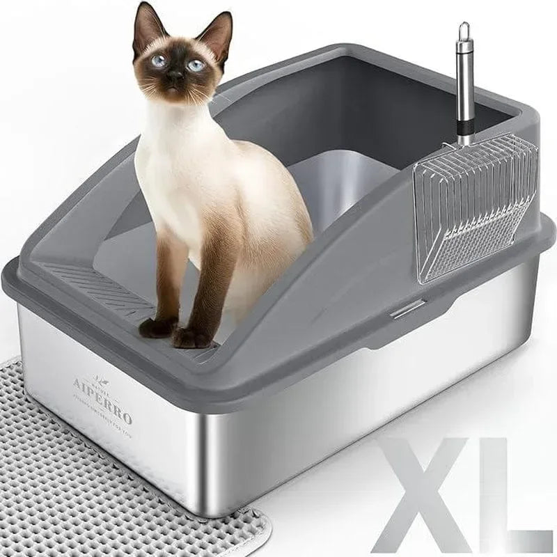 AIPERRO Enclosed Stainless Steel Cat Litter Box with Lid,High Side Cats Toilet Metal Kitten Litter Pan, Pet Cleaning Tool for Big and Small Cats, Rabbits, Splash-Proof and Non-Stick Anti-Urine Leakage Cat Poop Box Odorless, Outdoorfun