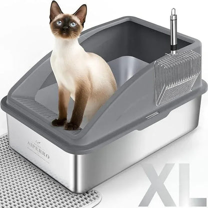 AIPERRO Enclosed Stainless Steel Cat Litter Box with Lid,High Side Cats Toilet Metal Kitten Litter Pan, Pet Cleaning Tool for Big and Small Cats, Rabbits, Splash-Proof and Non-Stick Anti-Urine Leakage Cat Poop Box Odorless, Outdoorfun