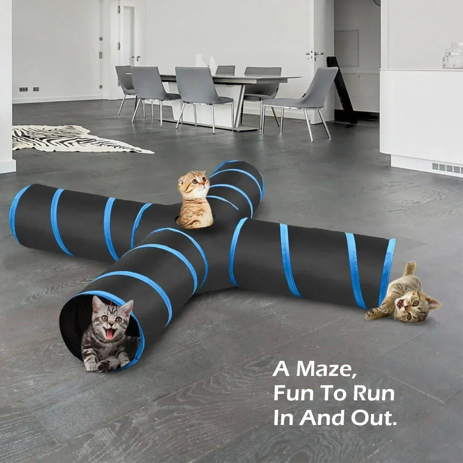 Cat Tunnel, Premium 4 Way Tunnels Extensible Collapsible Cat Play Tunnel Toy Maze Interactive Tube Toy Cat House with Pompon and Bells for Cat Puppy Kitten Rabbit, Black & Light Blue