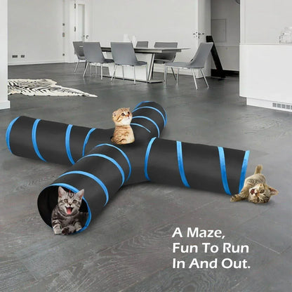 Cat Tunnel, Premium 4 Way Tunnels Extensible Collapsible Cat Play Tunnel Toy Maze Interactive Tube Toy Cat House with Pompon and Bells for Cat Puppy Kitten Rabbit, Black & Light Blue