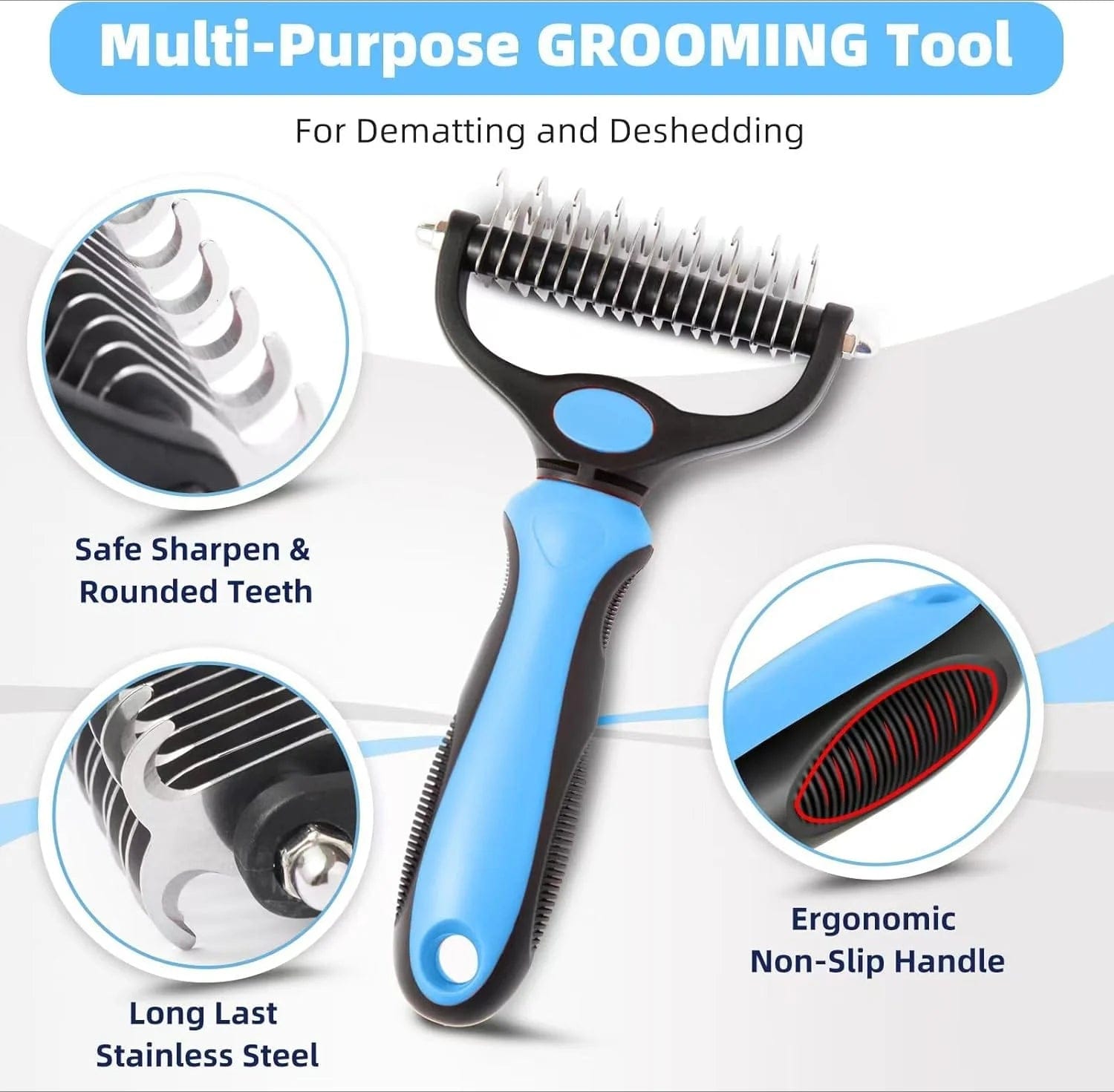 Pet Grooming Brush and Metal Comb Set, Cat and Dog Brush for Shedding, Dematting and Deshedding Brush - Dogs' Shedding Tool for Long and Matted Haired Pets, Blue