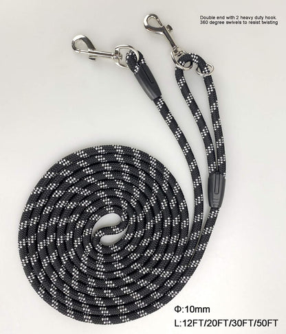 Long Rope Dog Leash for Dog Training 12FT 20FT 30FT 50FT, Reflective Threads Dog Cat Leashes Tie-Out Check Cord Recall Training Agility Lead for Large Medium Small Dogs (Black, 10Mm*50Ft)