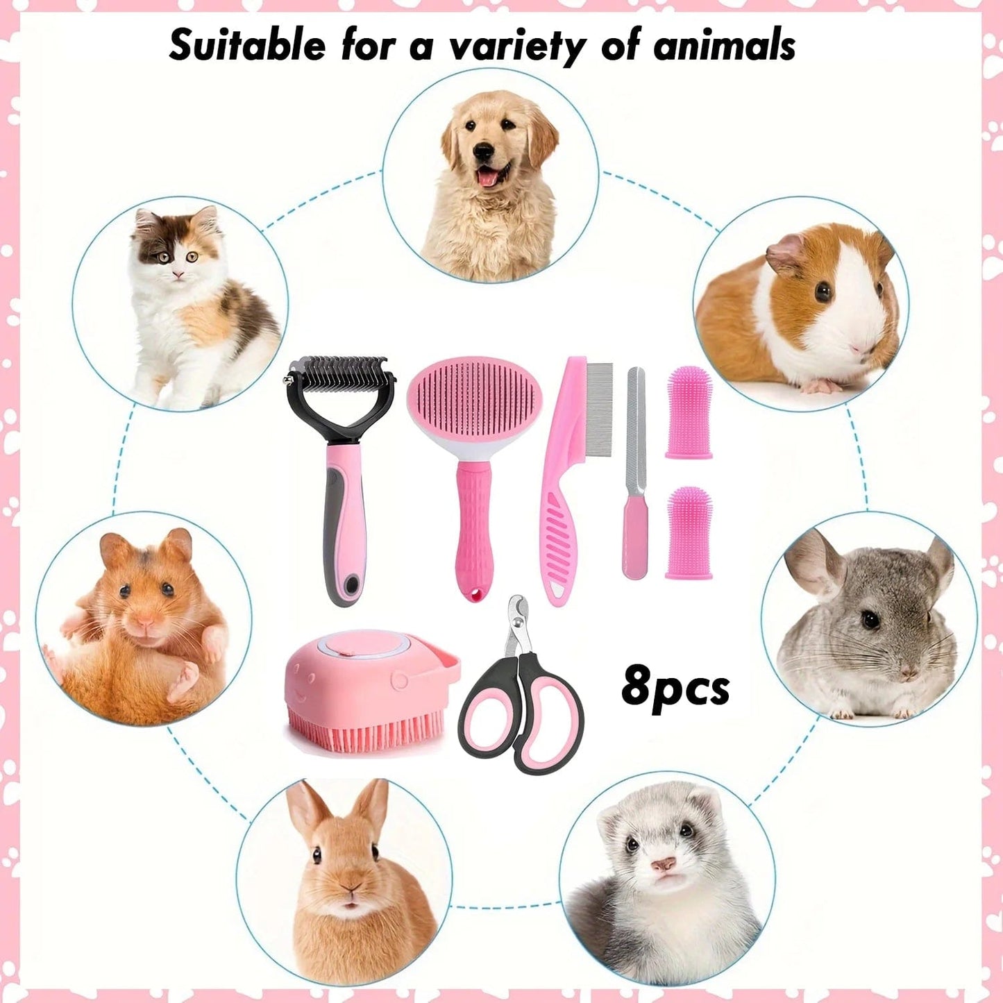 Pet Grooming Brush Kit, 8 Pcs for Shedding & Matted Fur, with Flea Comb and Dog Bath Brush, Cat Dog Brush Grooming Kits, Pink