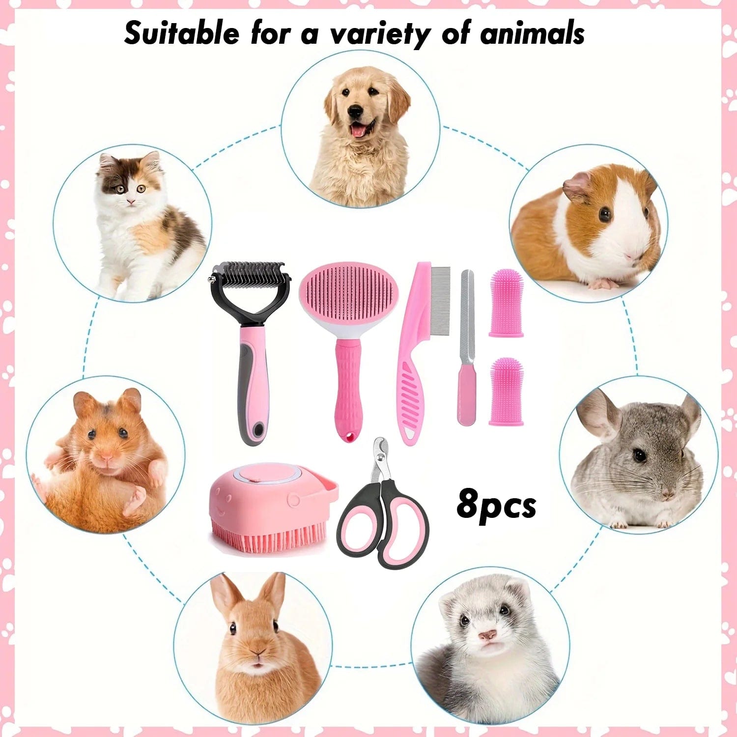 Pet Grooming Brush Kit, 8 Pcs for Shedding & Matted Fur, with Flea Comb and Dog Bath Brush, Cat Dog Brush Grooming Kits, Pink