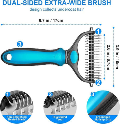 Pet Grooming Brush Double Sided Undercoat Rake for Dogs Cats with 9 Tooth & 17 Tooth Sides for Shedding Dematting & Tangle Removal Blue Plastic Handle - Deshedding Tool