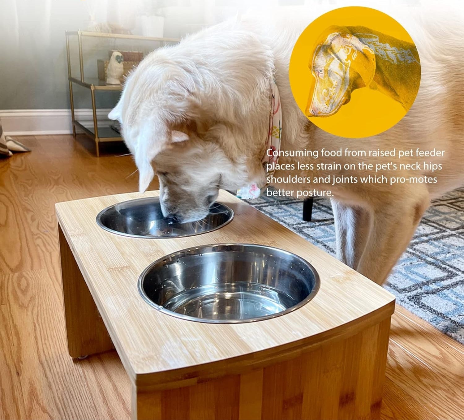 Elevated Dog Bowls, Bamboo Raised Dog Bowl for Large Dogs, with 2 Stainless Steel Bowls (13'' Tall-68Oz Bowl, Natural)