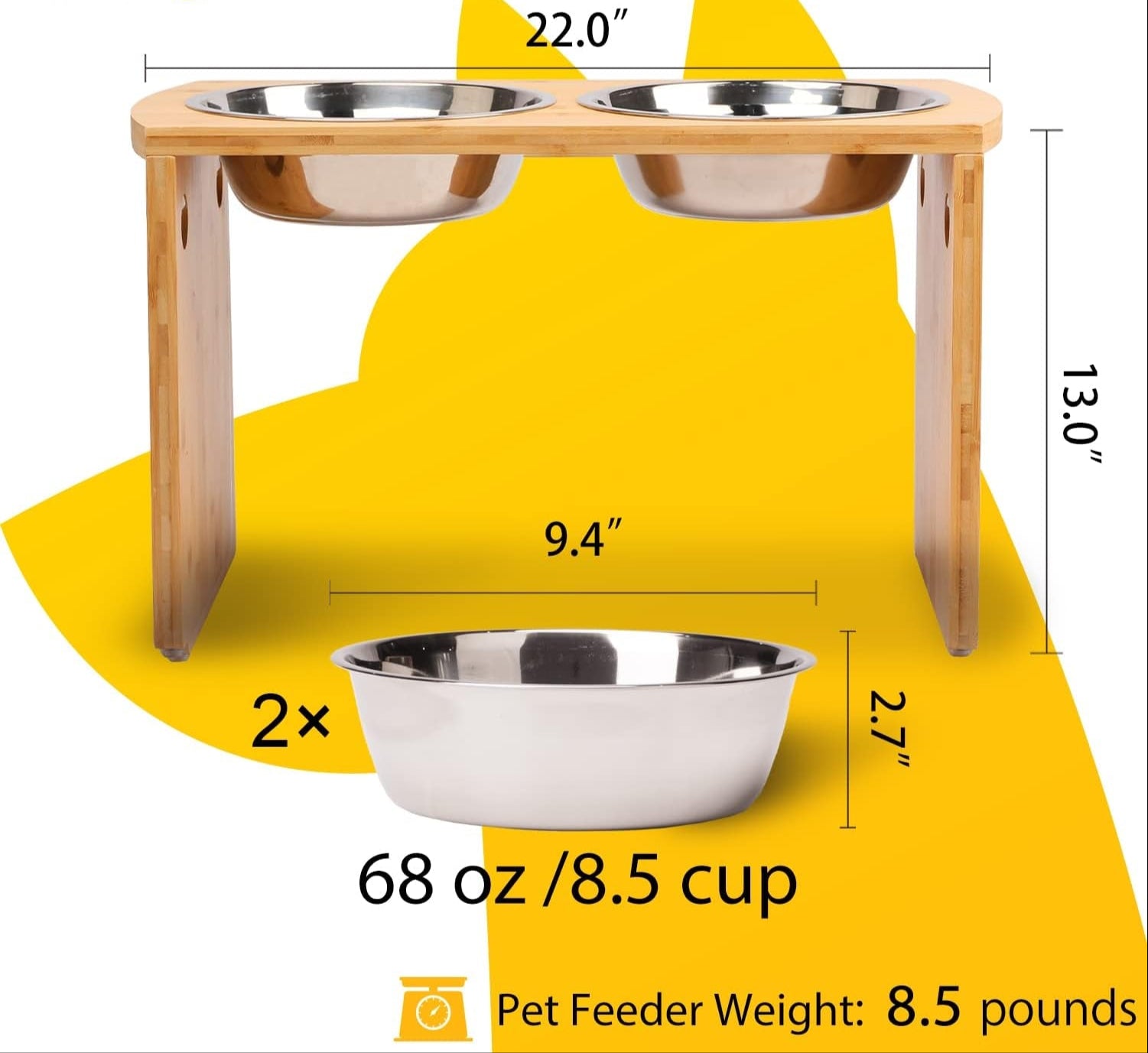 Elevated Dog Bowls, Bamboo Raised Dog Bowl for Large Dogs, with 2 Stainless Steel Bowls (13'' Tall-68Oz Bowl, Natural)