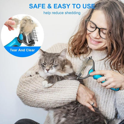 Pet Grooming Brush Double Sided Undercoat Rake for Dogs Cats with 9 Tooth & 17 Tooth Sides for Shedding Dematting & Tangle Removal Blue Plastic Handle - Deshedding Tool