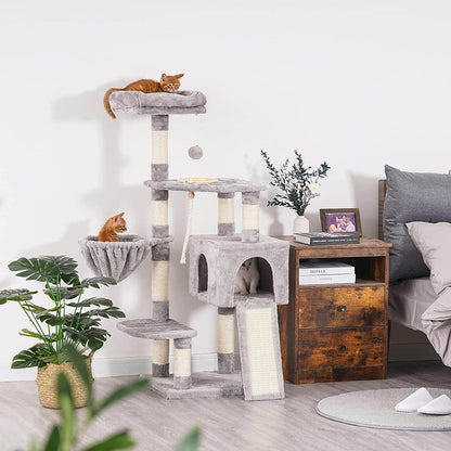 Cat Tree, Cat Tower for Indoor Cats with Scratching Board, Multi-Level Cat Furniture Condo with Feeding Bowl, Light Gray HCT010W