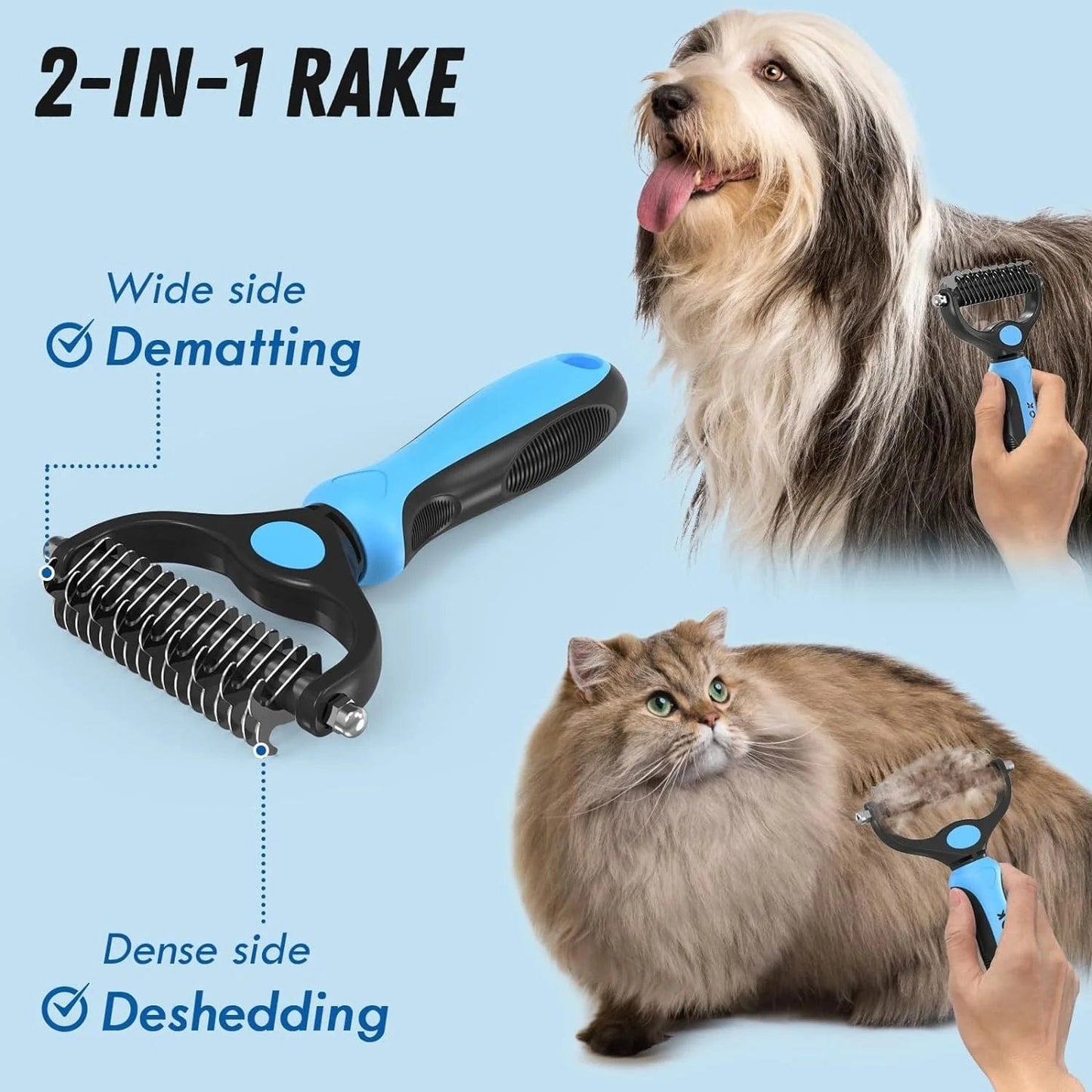 Pet Grooming Brush and Metal Comb Set, Cat and Dog Brush for Shedding, Dematting and Deshedding Brush - Dogs' Shedding Tool for Long and Matted Haired Pets, Blue