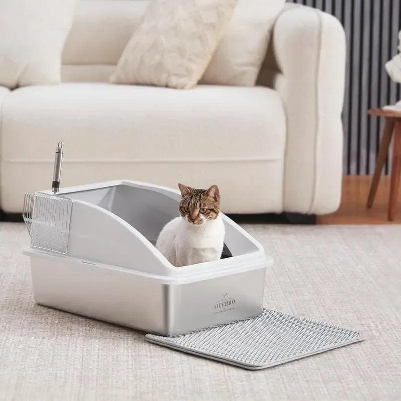 AIPERRO Enclosed Stainless Steel Cat Litter Box with Lid,High Side Cats Toilet Metal Kitten Litter Pan, Pet Cleaning Tool for Big and Small Cats, Rabbits, Splash-Proof and Non-Stick Anti-Urine Leakage Cat Poop Box Odorless, Outdoorfun