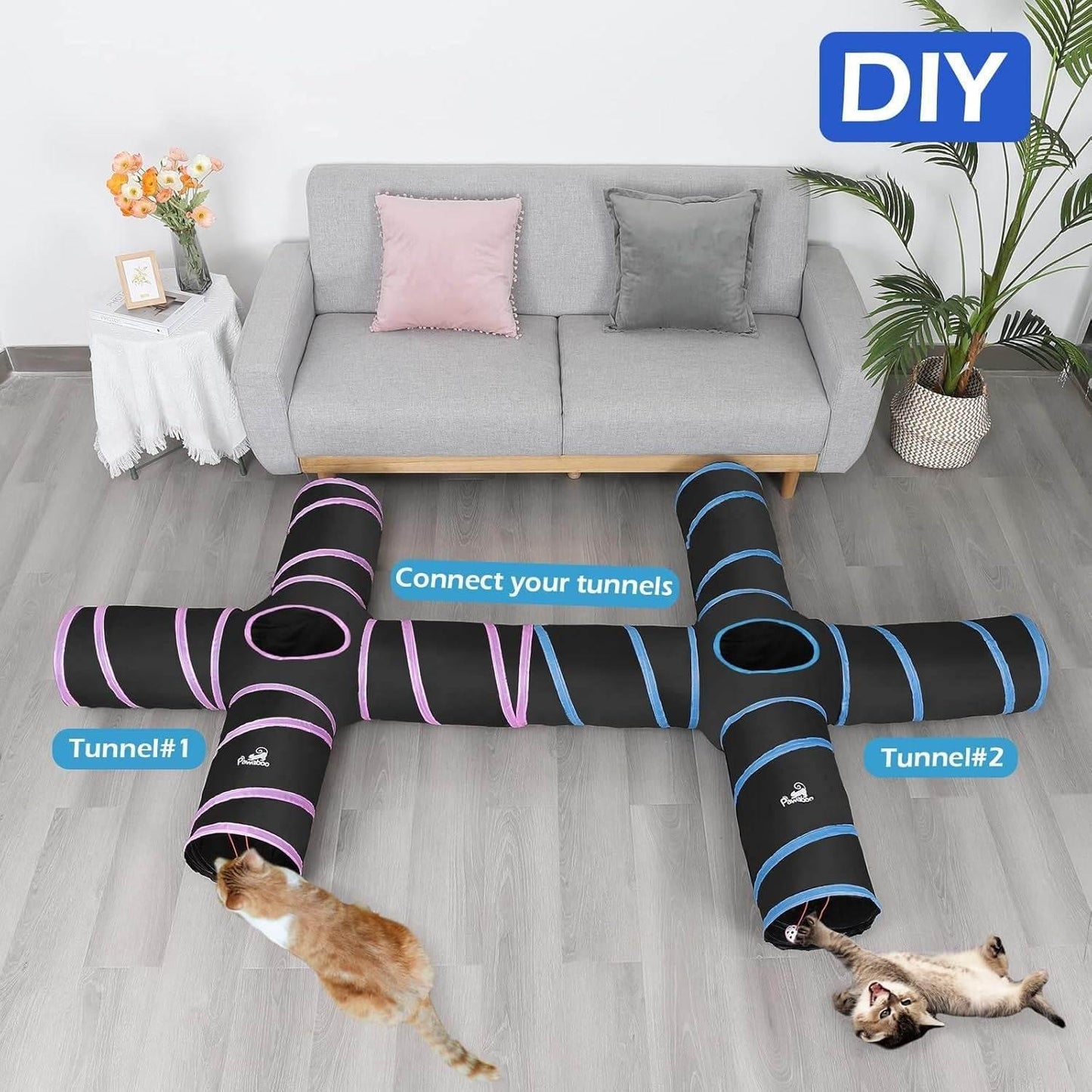 Cat Tunnel, Premium 4 Way Tunnels Extensible Collapsible Cat Play Tunnel Toy Maze Interactive Tube Toy Cat House with Pompon and Bells for Cat Puppy Kitten Rabbit, Black & Light Blue