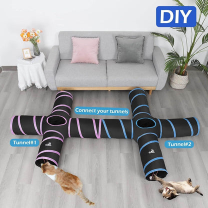 Cat Tunnel, Premium 4 Way Tunnels Extensible Collapsible Cat Play Tunnel Toy Maze Interactive Tube Toy Cat House with Pompon and Bells for Cat Puppy Kitten Rabbit, Black & Light Blue