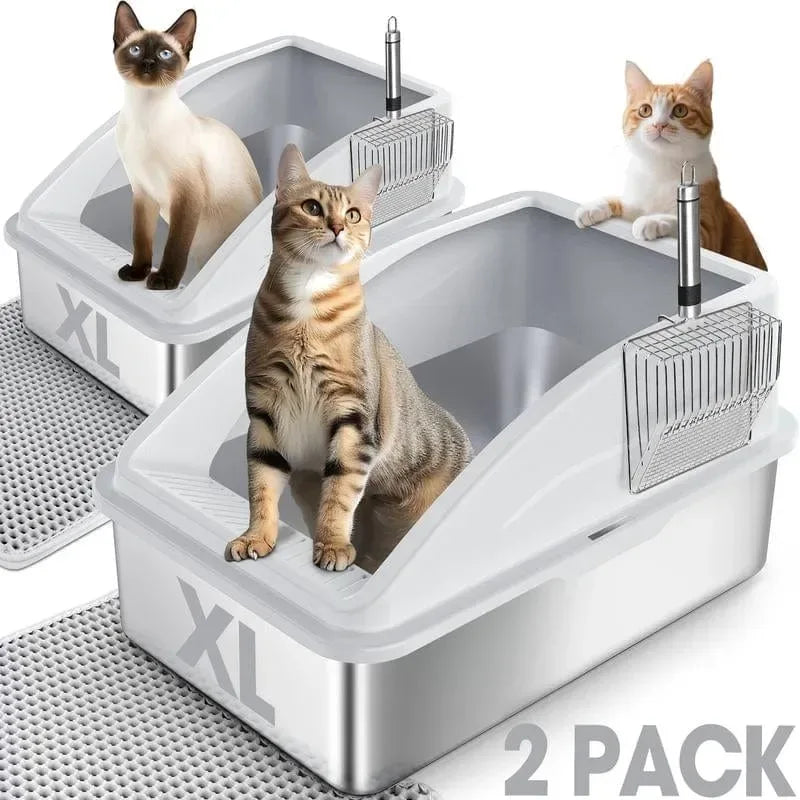 AIPERRO Enclosed Stainless Steel Cat Litter Box with Lid,High Side Cats Toilet Metal Kitten Litter Pan, Pet Cleaning Tool for Big and Small Cats, Rabbits, Splash-Proof and Non-Stick Anti-Urine Leakage Cat Poop Box Odorless, Outdoorfun