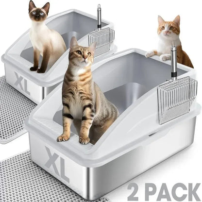 AIPERRO Enclosed Stainless Steel Cat Litter Box with Lid,High Side Cats Toilet Metal Kitten Litter Pan, Pet Cleaning Tool for Big and Small Cats, Rabbits, Splash-Proof and Non-Stick Anti-Urine Leakage Cat Poop Box Odorless, Outdoorfun
