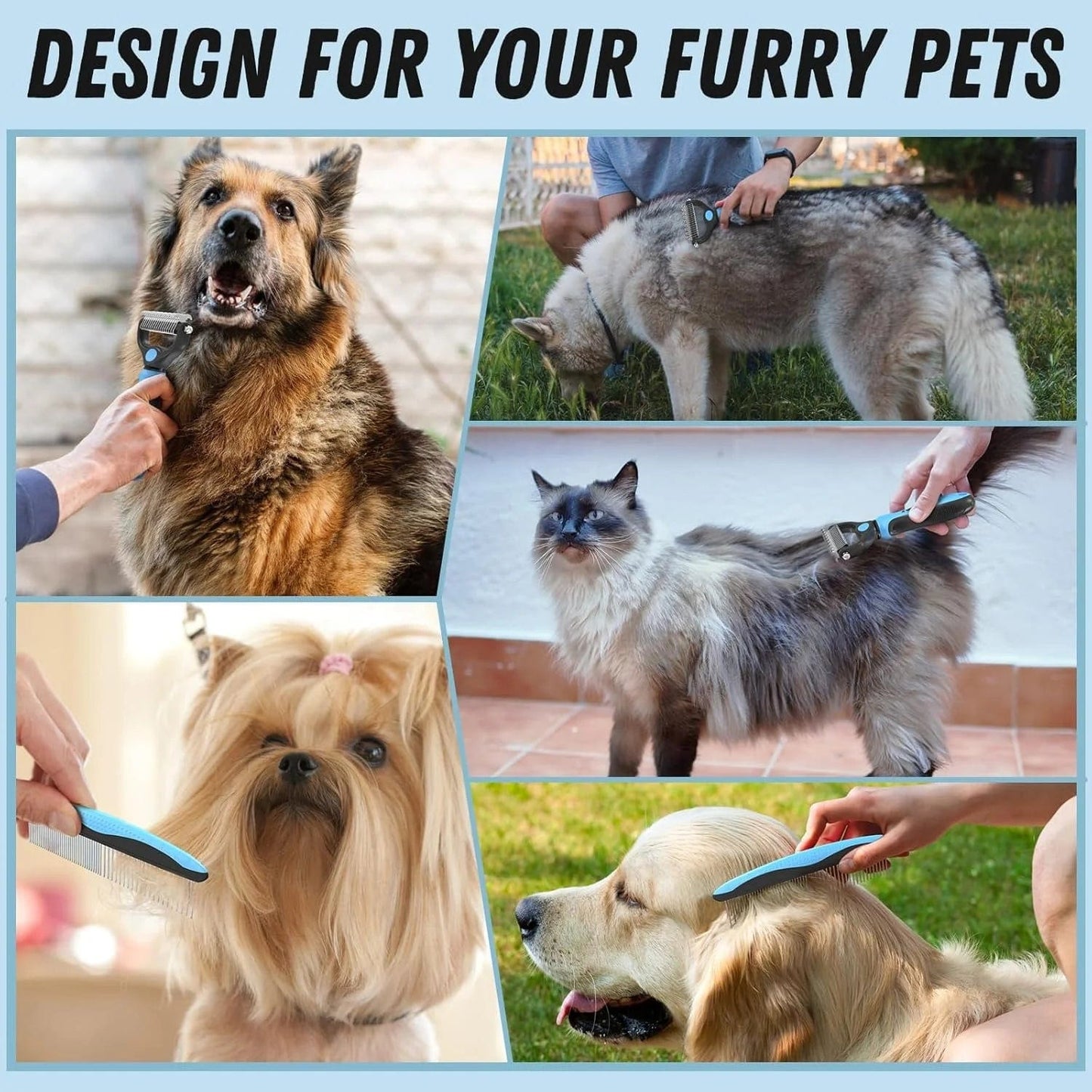 Pet Grooming Brush and Metal Comb Set, Cat and Dog Brush for Shedding, Dematting and Deshedding Brush - Dogs' Shedding Tool for Long and Matted Haired Pets, Blue