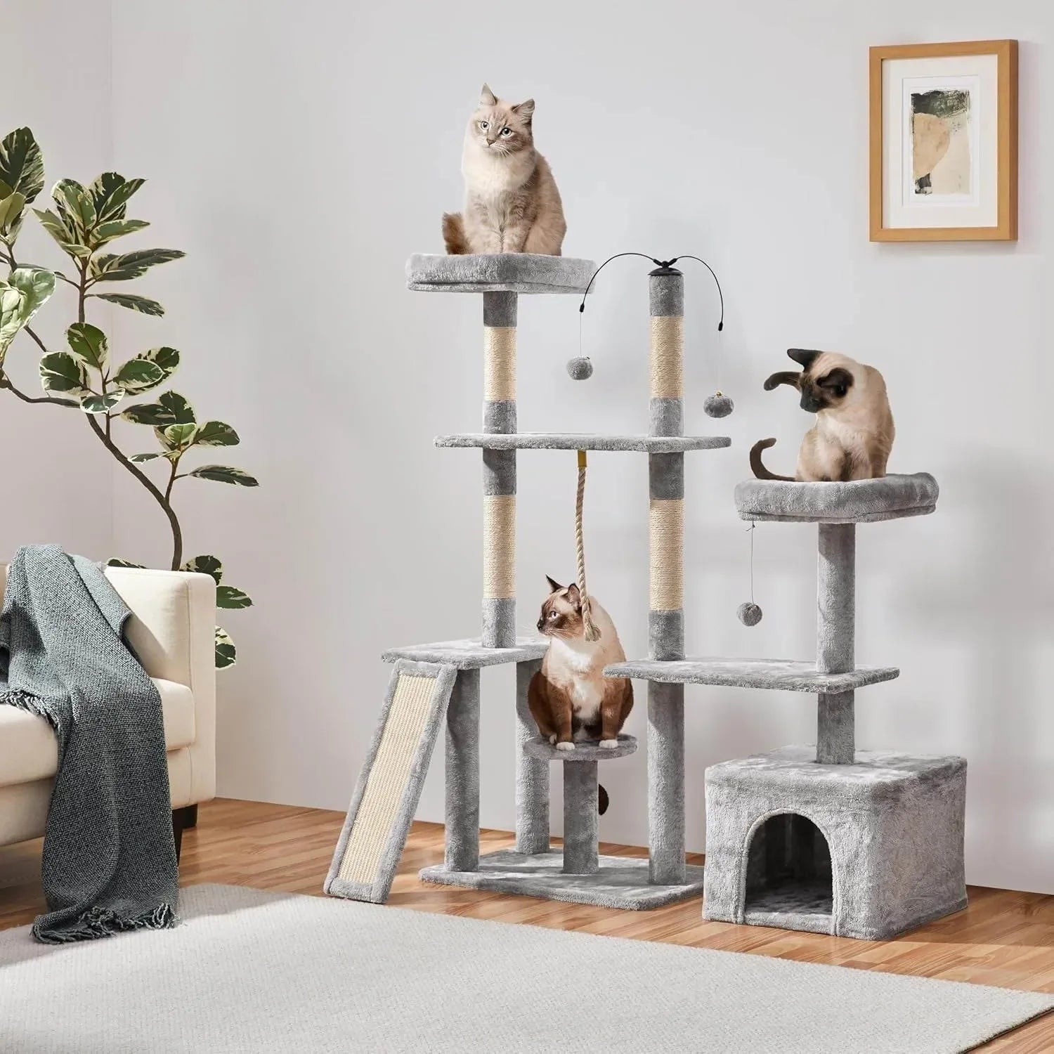 Rotatable Cat Tree 53.5In Multi-Level Cat Tower for Indoor Kittens/Large Cats, Pet House with Scratching Posts,Climbing Furniture Play Center, Light Gray