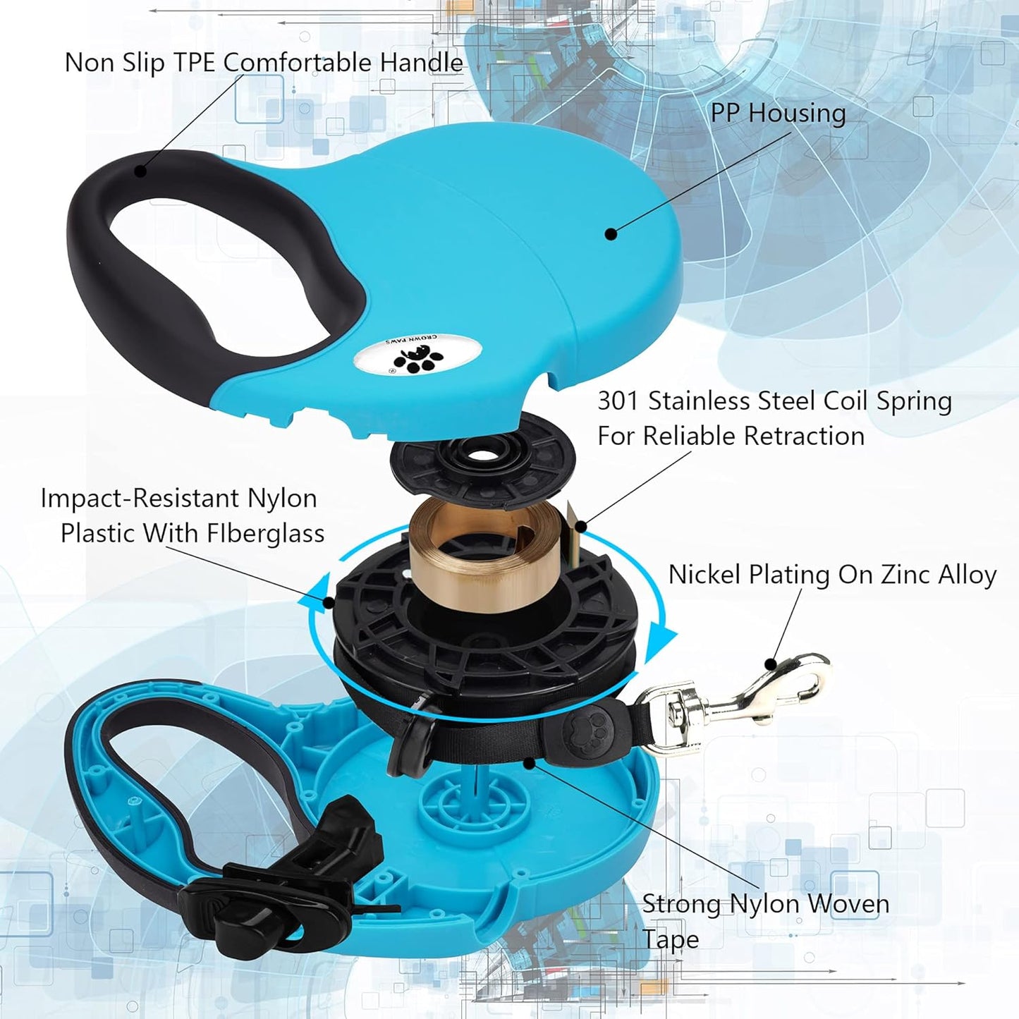 16 Ft Retractable Dog Leash for Large Dogs up to 110 Lbs,Tangle-Free Nylon Tape,Blue L