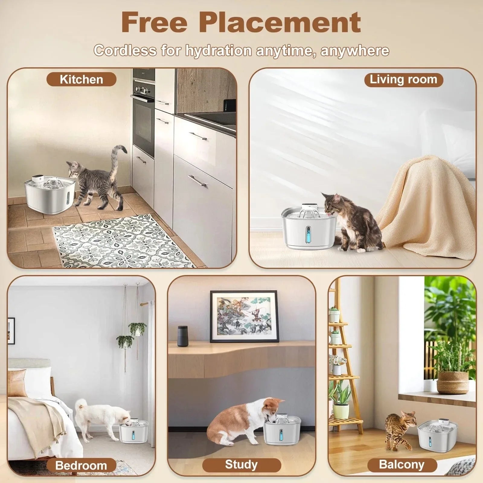 Wireless Cat Water Fountain Battery Operated, 108Oz/3.2L Automatic Pet Fountain for Dogs Cats Drinking Indoor, 8 Filters