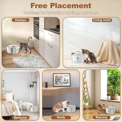 Wireless Cat Water Fountain Battery Operated, 108Oz/3.2L Automatic Pet Fountain for Dogs Cats Drinking Indoor, 8 Filters