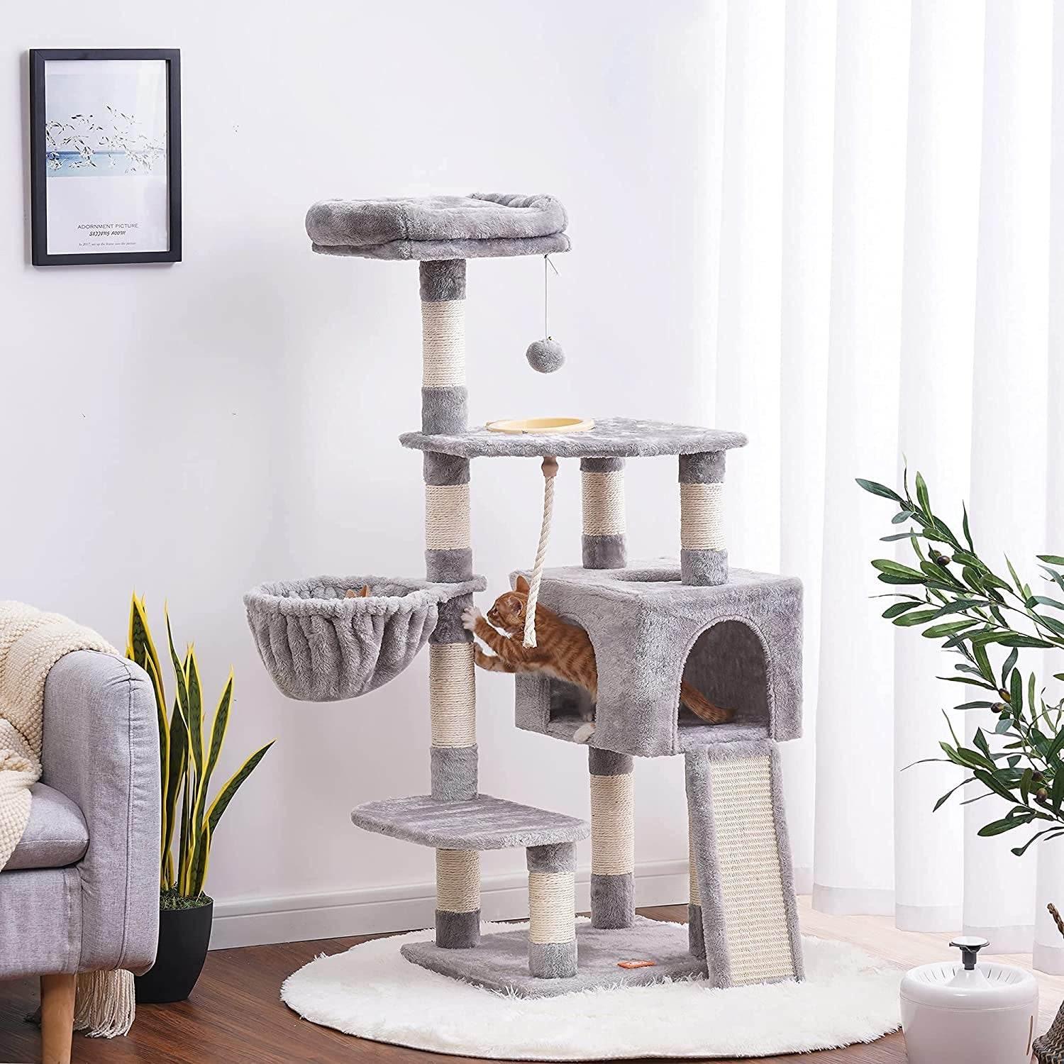 Cat Tree, Cat Tower for Indoor Cats with Scratching Board, Multi-Level Cat Furniture Condo with Feeding Bowl, Light Gray HCT010W