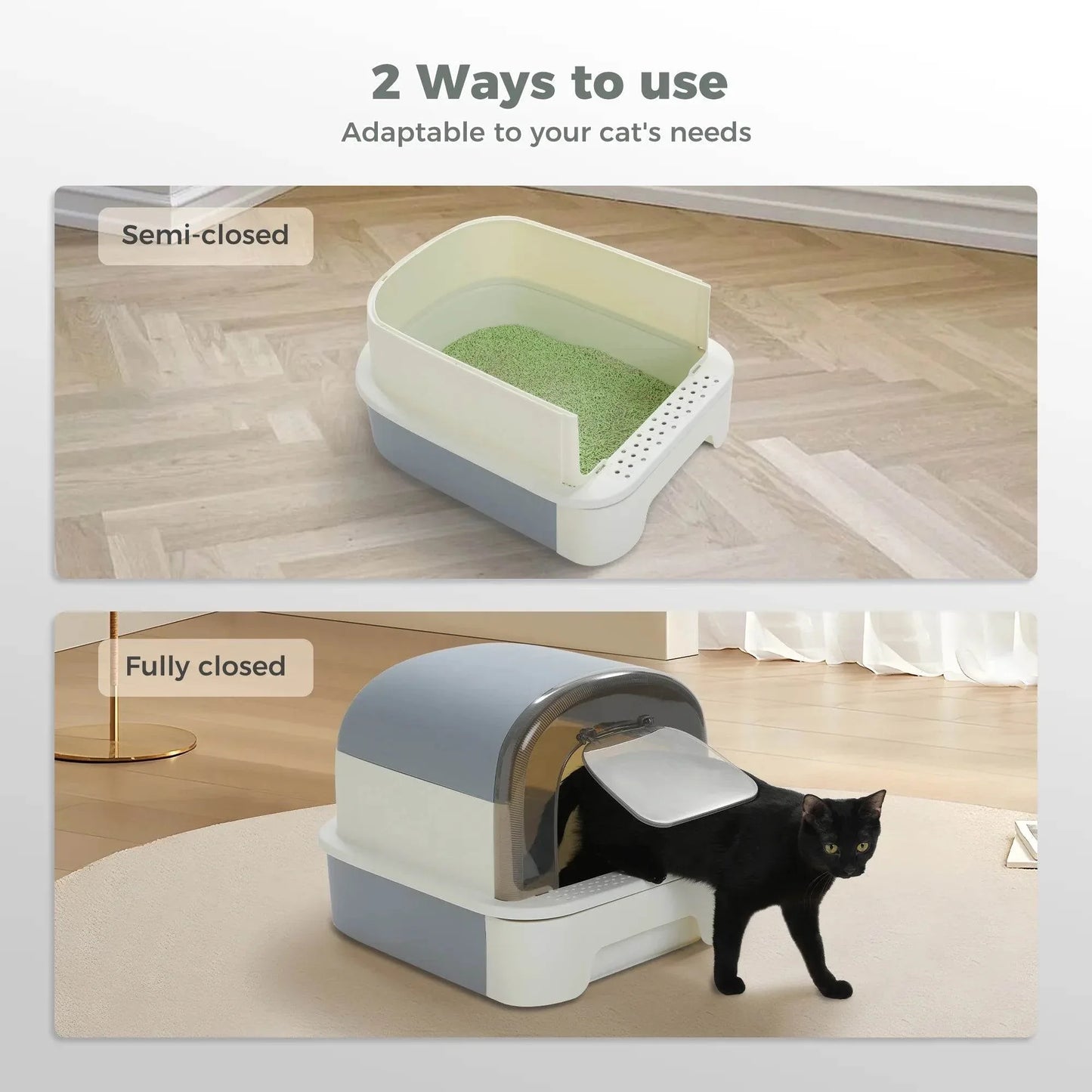 Large Cat Litter Box with Scoop Litter Box with Lid Double-Layer Leak-Proof Litter Box for Cat, Gray