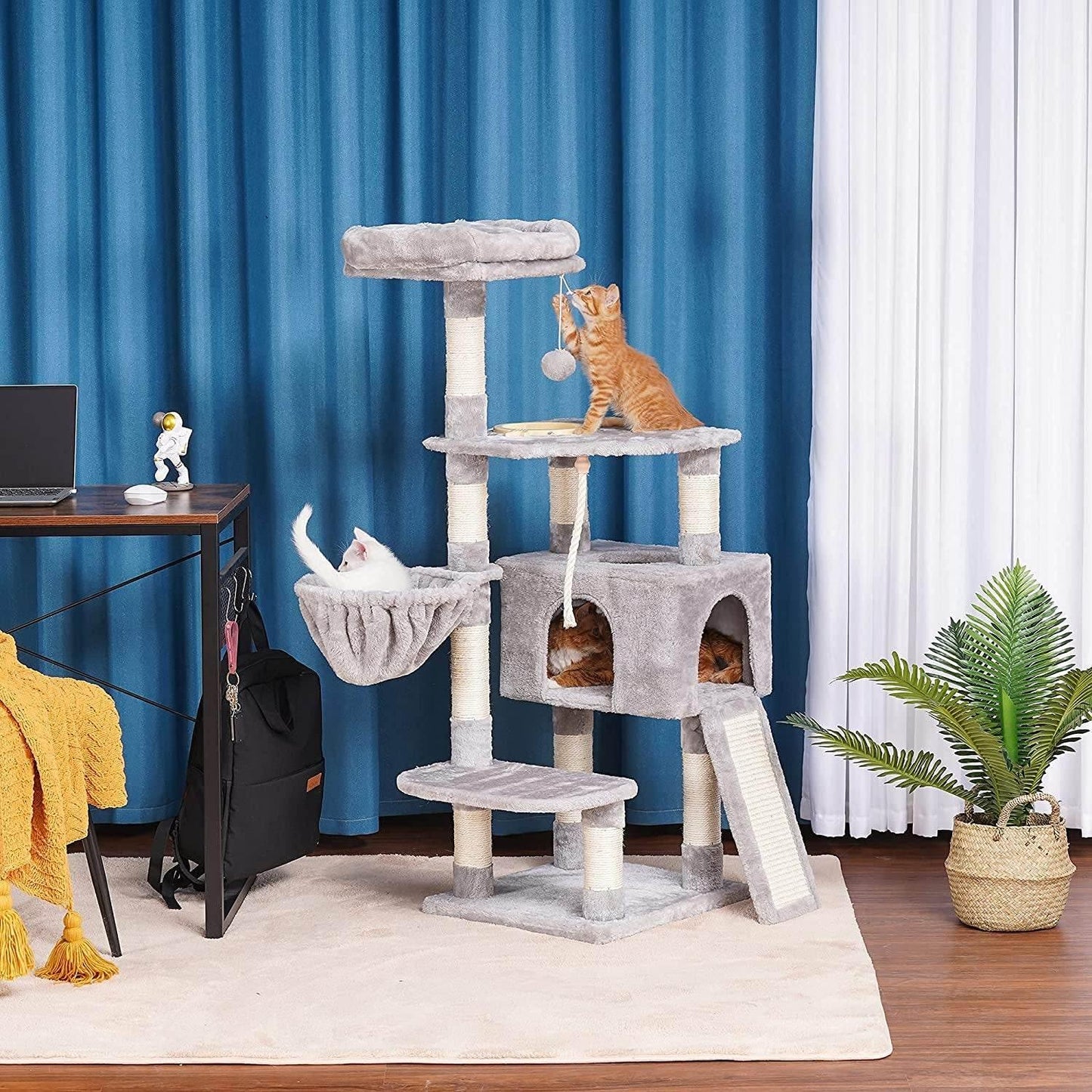 Cat Tree, Cat Tower for Indoor Cats with Scratching Board, Multi-Level Cat Furniture Condo with Feeding Bowl, Light Gray HCT010W