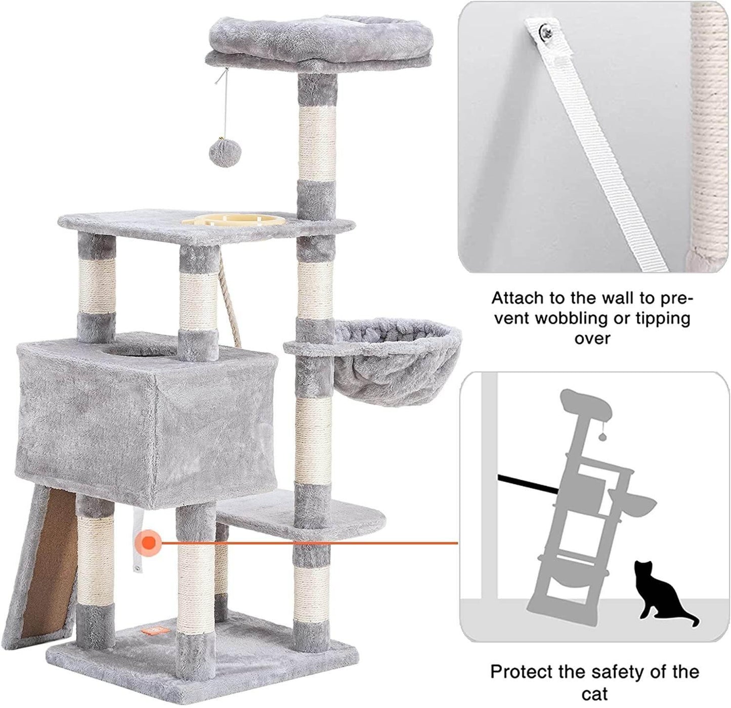 Cat Tree, Cat Tower for Indoor Cats with Scratching Board, Multi-Level Cat Furniture Condo with Feeding Bowl, Light Gray HCT010W