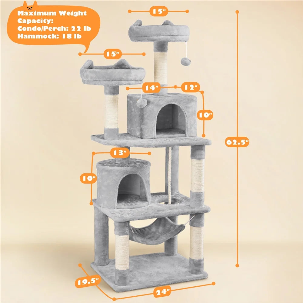 62''H Multi Level Cat Tree Tower with Condos Foam-Padded Perches, Light Gray
