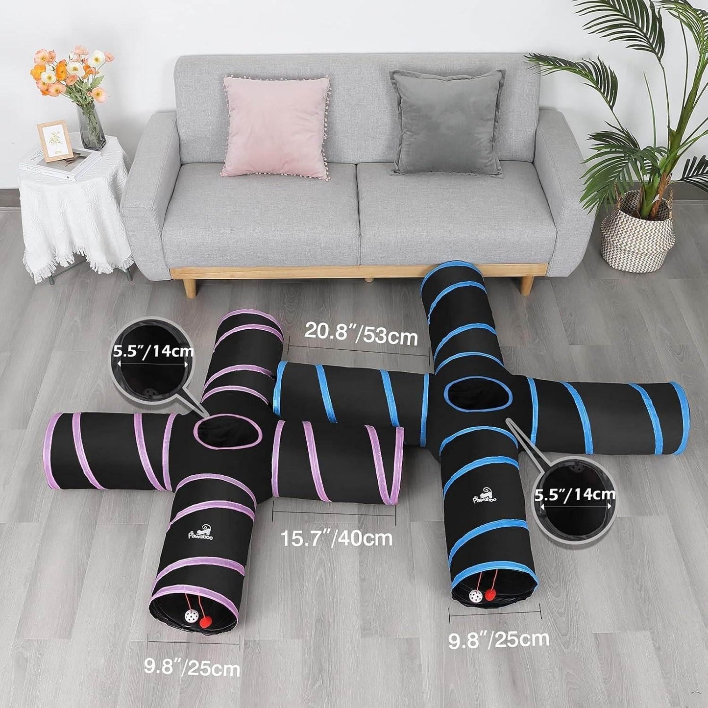 Cat Tunnel, Premium 4 Way Tunnels Extensible Collapsible Cat Play Tunnel Toy Maze Interactive Tube Toy Cat House with Pompon and Bells for Cat Puppy Kitten Rabbit, Black & Light Blue