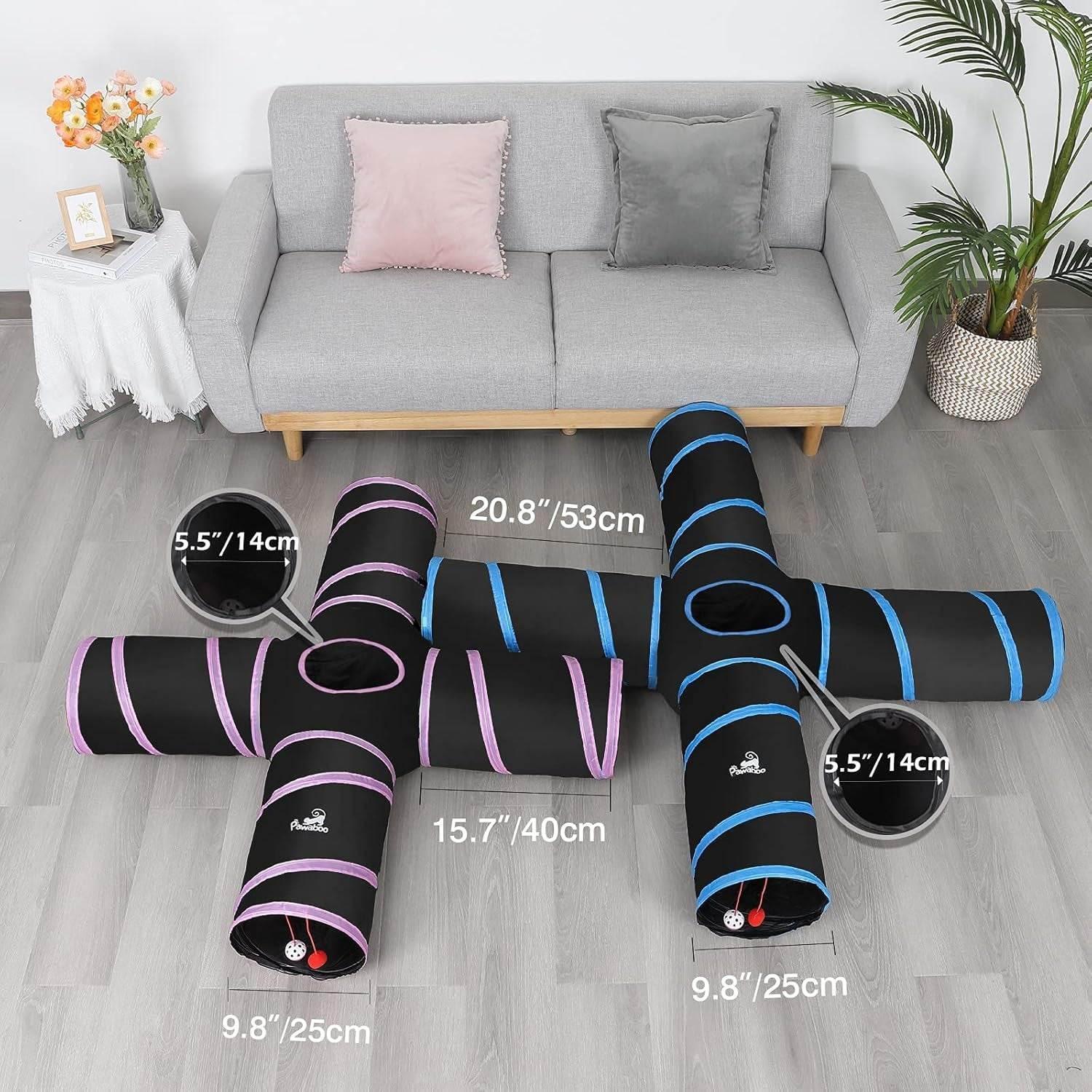 Cat Tunnel, Premium 4 Way Tunnels Extensible Collapsible Cat Play Tunnel Toy Maze Interactive Tube Toy Cat House with Pompon and Bells for Cat Puppy Kitten Rabbit, Black & Light Blue