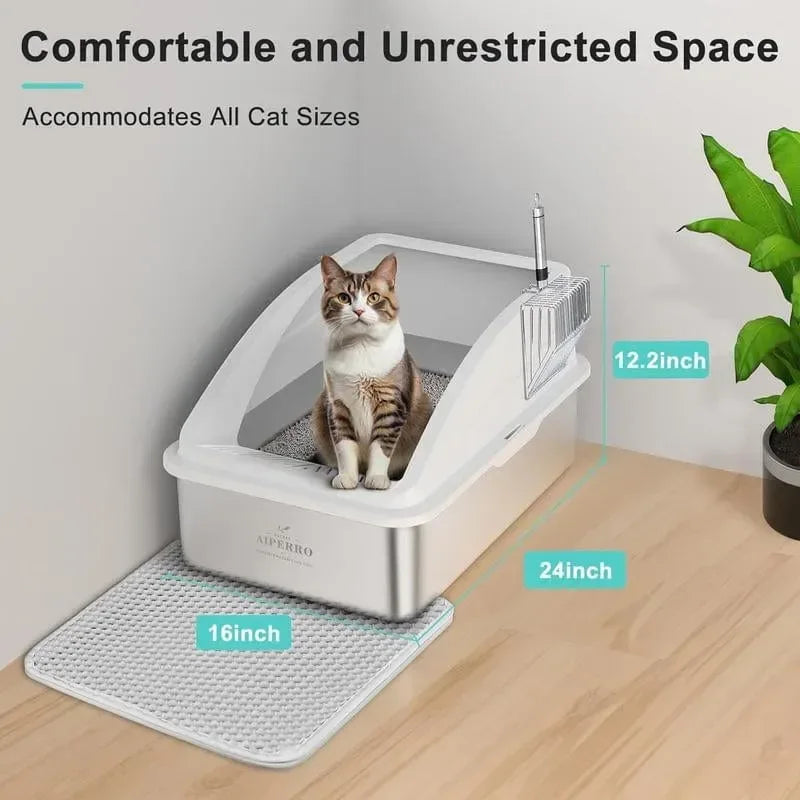 AIPERRO Enclosed Stainless Steel Cat Litter Box with Lid,High Side Cats Toilet Metal Kitten Litter Pan, Pet Cleaning Tool for Big and Small Cats, Rabbits, Splash-Proof and Non-Stick Anti-Urine Leakage Cat Poop Box Odorless, Outdoorfun