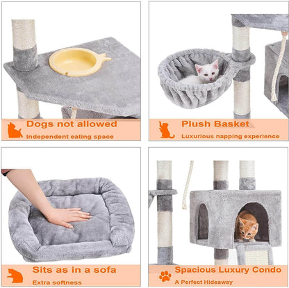 Cat Tree, Cat Tower for Indoor Cats with Scratching Board, Multi-Level Cat Furniture Condo with Feeding Bowl, Light Gray HCT010W
